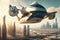 autonomous cargo transport flies over the futuristic city, with its towering buildings and high-tech infrastructure