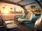 autonomous driving vehicle in at the beach in afternoon light. photorealistic view from inside the vehicle showing a luxurious