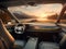 an autonomous driving vehicle on a country road in afternoon light. photorealistic view from inside the vehicle showing a