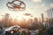 autonomous drone flies over futuristic city, with self-driving vehicles in the background