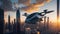 autonomous flying taxis gracefully soaring through the city skyline