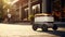Autonomous food Delivery Vehicle driving in the city. Self driving delivery robot car