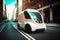 Autonomous futuristic delivery white car in a city, illustration ai generative