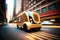 Autonomous futuristic delivery yellow car in a city, illustration ai generative