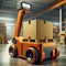 Autonomous orange robots with packages in futuristic warehouse setting. Smart logistics, AI concept