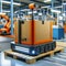 Autonomous orange robots with packages in futuristic warehouse setting. Smart logistics, AI concept