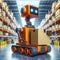 Autonomous orange robots with packages in futuristic warehouse setting. Smart logistics, AI concept