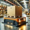 Autonomous orange robots with packages in futuristic warehouse setting. Smart logistics, AI concept