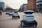 Autonomous robots deliver food to customers on road in city, AI