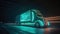 Autonomous Semi Truck with Cargo Trailer Drives at Night on the Road with Sensors Scanning Surrounding, generative ai