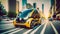 Autonomous Taxi Cab Car. Future City Taxi. Futuristic Yellow Car. Public Transportation. Sustainable City. Urban Mobility.