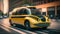 Autonomous Taxi Cab Car. Future City Taxi. Futuristic Yellow Car. Public Transportation. Sustainable City. Urban Mobility.