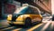 Autonomous Taxi Cab Car. Future City Taxi. Futuristic Yellow Car. Public Transportation. Sustainable City. Urban Mobility.