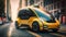 Autonomous Taxi Cab Car. Future City Taxi. Futuristic Yellow Car. Public Transportation. Sustainable City. Urban Mobility.