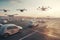 autonomous vehicle navigates through busy airport, with drones and other aircraft flying overhead