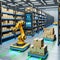 Autonomous yellow robots with packages in futuristic warehouse setting. Smart logistics and AI concept