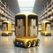 Autonomous yellow robots with packages in futuristic warehouse setting. Smart logistics AI concept