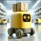 Autonomous yellow robots with packages in futuristic warehouse setting. Smart logistics and AI concept