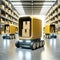 Autonomous yellow robots with packages in futuristic warehouse setting. Smart logistics AI concept