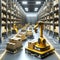 Autonomous yellow robots with packages in futuristic warehouse setting. Smart logistics AI concept