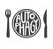 Autophagy. Flat vector illustration of a plate with a fork and a knife and hand lettering in black and white.