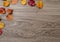 Autum leaves on wood background flat lay