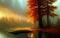 Autumn abstract background stylized as an oil painting, trees with orange autumn leaves near lake