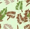 Autumn acacia leaf seamless pattern. Soft pastel light green background and bench with green, broun and yellow leaves