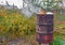 Autumn activity in garden, burning leaves, branches and dry grass in a old rusty barrel. Air pollution from farmers in the