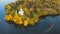 Autumn aerial view of Christian Church on Monastic island on Dnieper river in Dnipro city.