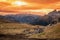 Autumn alpine Dolomites mountain dramatic sunset scene near Pordoi Pass, Trentino , Italy