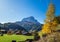 Autumn alpine Dolomites rocky  mountain scene, Sudtirol, Italy. Peaceful view near Wolkenstein in Groden, Selva di Val Gardena