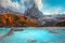 Autumn alpine landscape with turquoise glacier lake, Sorapis, Dolomites, Italy