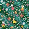 Autumn animal seamless pattern. Foxes, cats, flowers, strawberry, mushrooms and leaves on green polka dot background