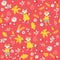 Autumn animal seamless pattern. Foxes, cats, flowers, strawberry, mushrooms and leaves on red background