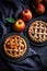 Autumn apple pies for Thanksgiving. Dark key, generative AI