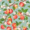 Autumn apple seamless pattern. Summer fruits, leaves, flowers vector background. Watercolor texture