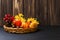 Autumn arrangement decoration in a tray with candle,pumpkins, ye