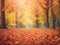 Autumn background banner design with copy space text, orange, red and yellow leaves on the forest ground