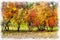 Autumn background beautiful colorful landscape nature park with trees in watercolor artistic style pattern.
