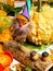 Autumn background with colorful mixed leaves, pumpkin, berries and fairytale gnome and mushrooms from wood. Mockup for seasonal