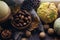 Autumn background with decorative pumpkin, corn, wallnuts, autumn leaves, acorns on dark stone table