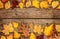 Autumn background - different shaped leaves on wood