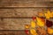 Autumn background - different shaped leaves on wood
