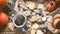 Autumn background with dry leaves, blue cup of coffee.