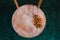 Autumn background of fall leaves on the wooden board, top view