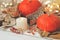 Autumn background. Halloween or Thanksgiving day. Pumpkins next to bright garlands, magic candles, autumn leaves, cones from