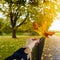 Autumn background with hand holding maple leaf