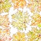 Autumn background, maple leaves and paint splashes, drops, blots
