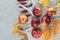 Autumn background. Packaging in eco bag using autumn yellow leaves and apples. Flat lay. Copy space